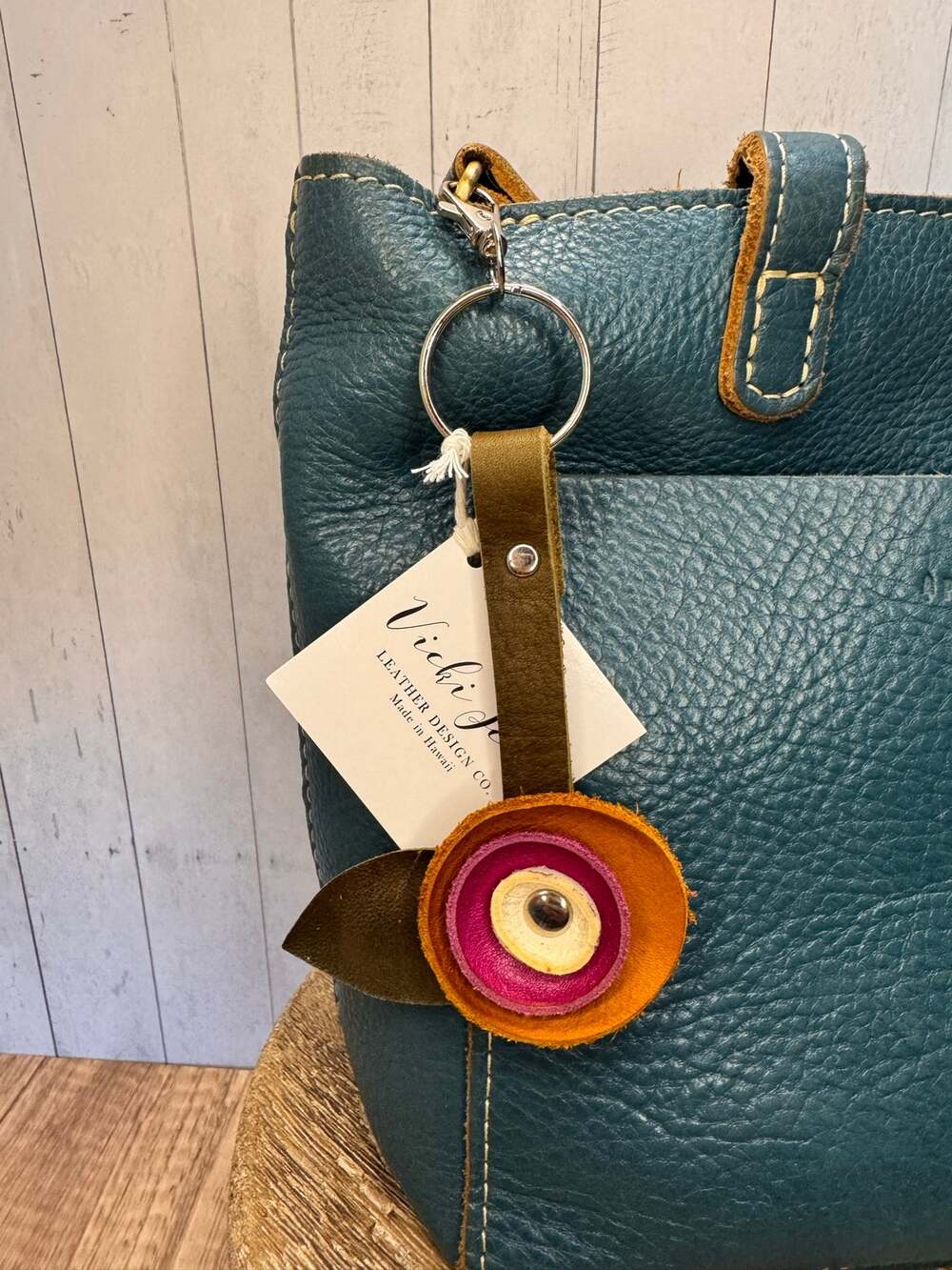 Genuine Leather Round Flower Purse Charm Tan Hot Pink White Boho Bag Charm